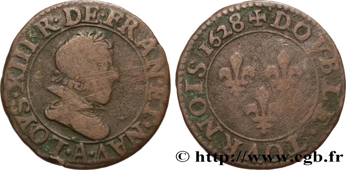 LOUIS XIII  Double tournois, type 5 de Paris 1628 Paris S