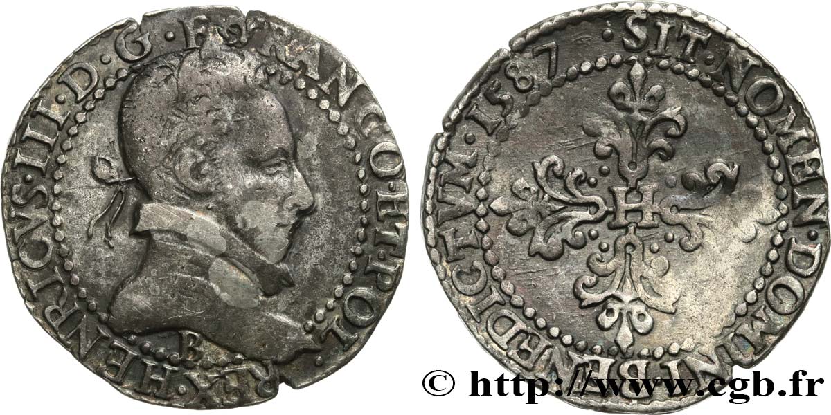 HENRI III Demi-franc au col plat 1587 Rouen TB+/TTB