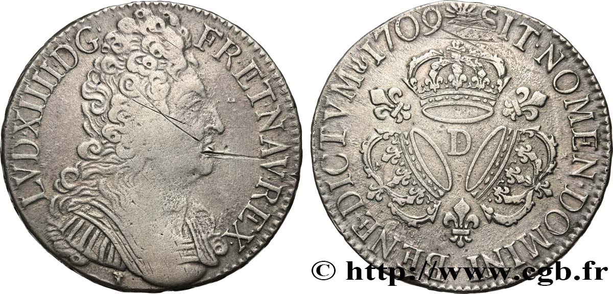 LOUIS XIV  THE SUN KING  Écu aux trois couronnes 1709 Lyon VF/XF
