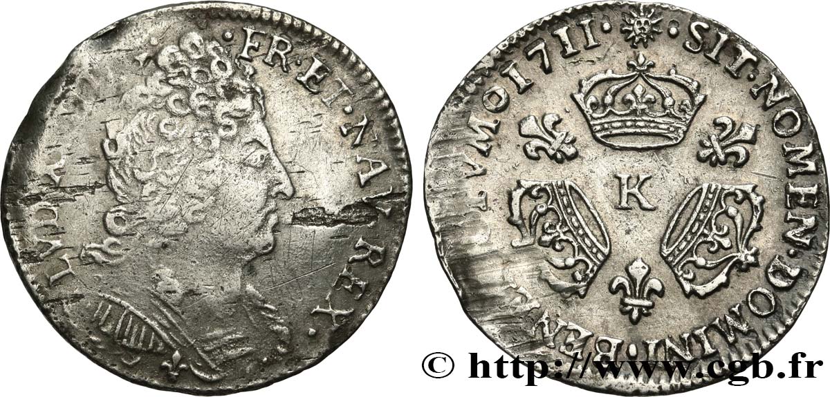 LOUIS XIV  THE SUN KING  Dixième d écu aux trois couronnes 1711 Bordeaux VF/AU