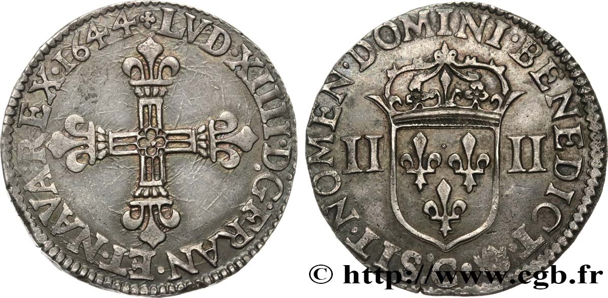 LOUIS XIV  THE SUN KING  Quart d écu, titulature côté croix 1644 Saint-Lô MBC+