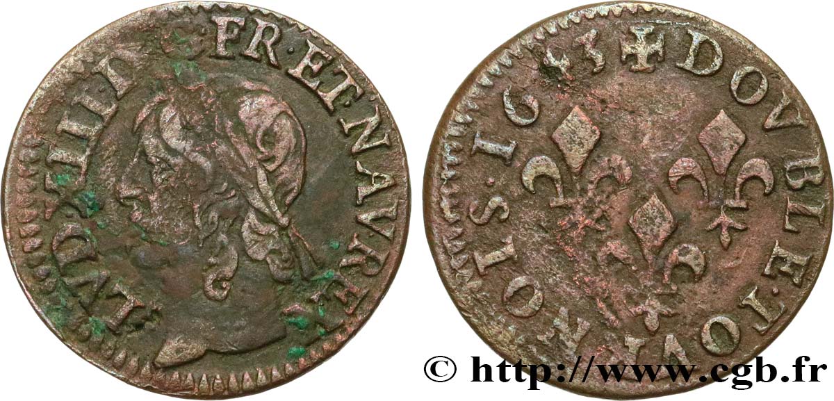LOUIS XIII LE JUSTE Double tournois, type de Warin 1643  TB