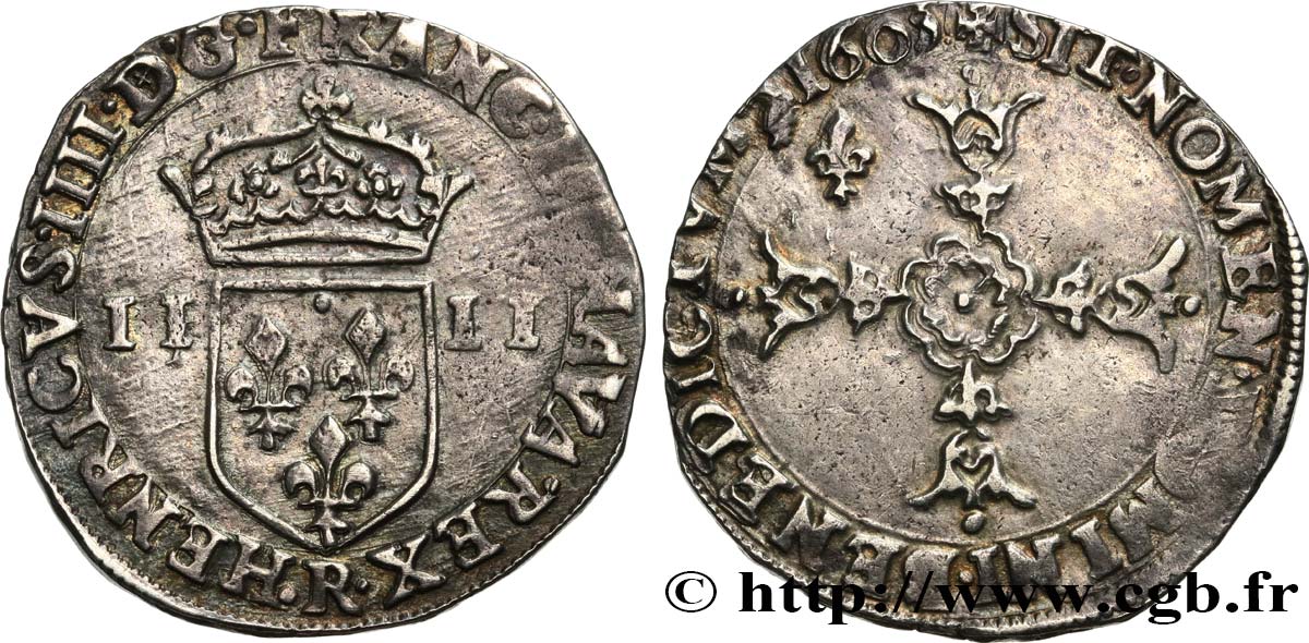 HENRI IV LE GRAND Quart d’écu, écu de face, 4e type 1605 Saint-André de Villeneuve-lès-Avignon TTB