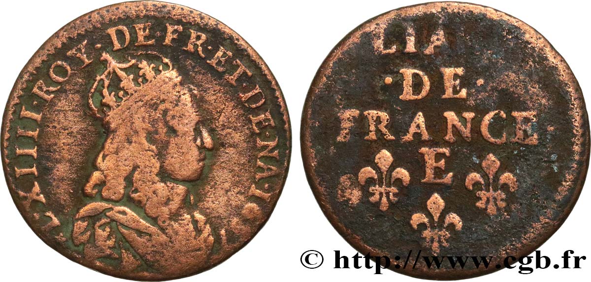 LOUIS XIV LE GRAND OU LE ROI SOLEIL Liard de cuivre, 2e type 1657 Meung-sur-Loire TB