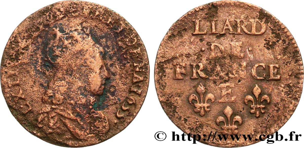 LOUIS XIV LE GRAND OU LE ROI SOLEIL Liard de cuivre, 2e type 1655 Meung-sur-Loire TB