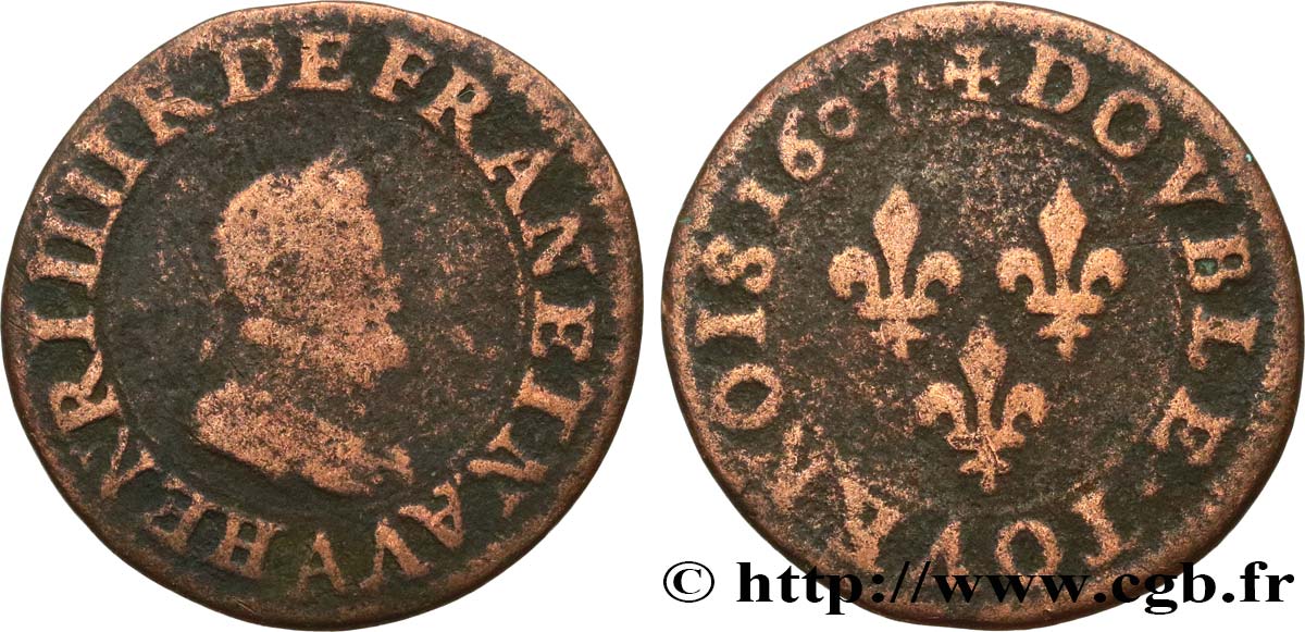 HENRI IV LE GRAND Double tournois, 2e type de Paris (légende française) 1607 Paris, Moulin des Étuves TB