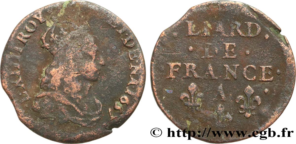 LOUIS XIV LE GRAND OU LE ROI SOLEIL Liard de cuivre, 2e type 1657 Corbeil TB
