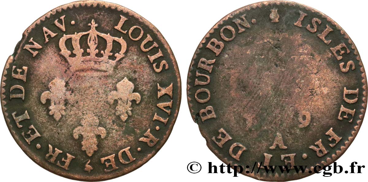 ISLES OF FRANCE AND BOURBON 3 Sols 1779 Paris VF