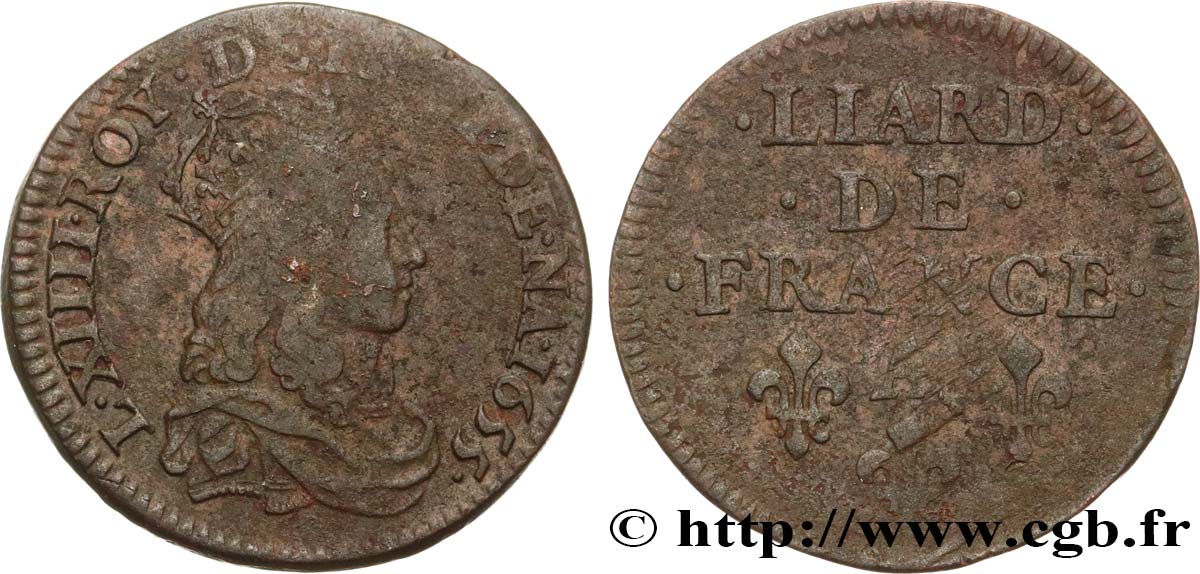 LOUIS XIV  THE SUN KING  Liard de cuivre, 2e type 1655 Corbeil BC