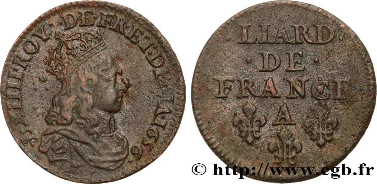 LOUIS XIV  THE SUN KING  Liard de cuivre, 2e type 1656 Corbeil fVZ