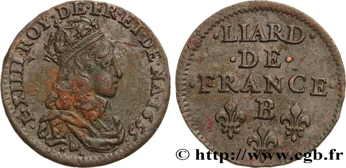 LOUIS XIV  THE SUN KING  Liard de cuivre, 2e type 1655 Pont-de-l’Arche EBC