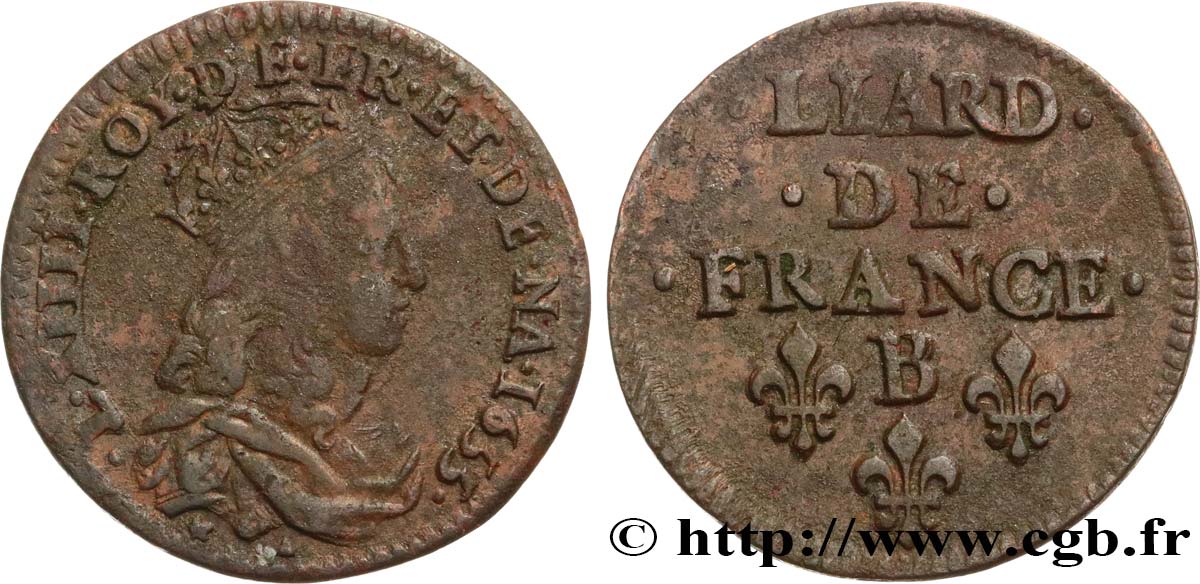 LOUIS XIV  THE SUN KING  Liard de cuivre, 2e type 1655 Pont-de-l’Arche SS/fVZ