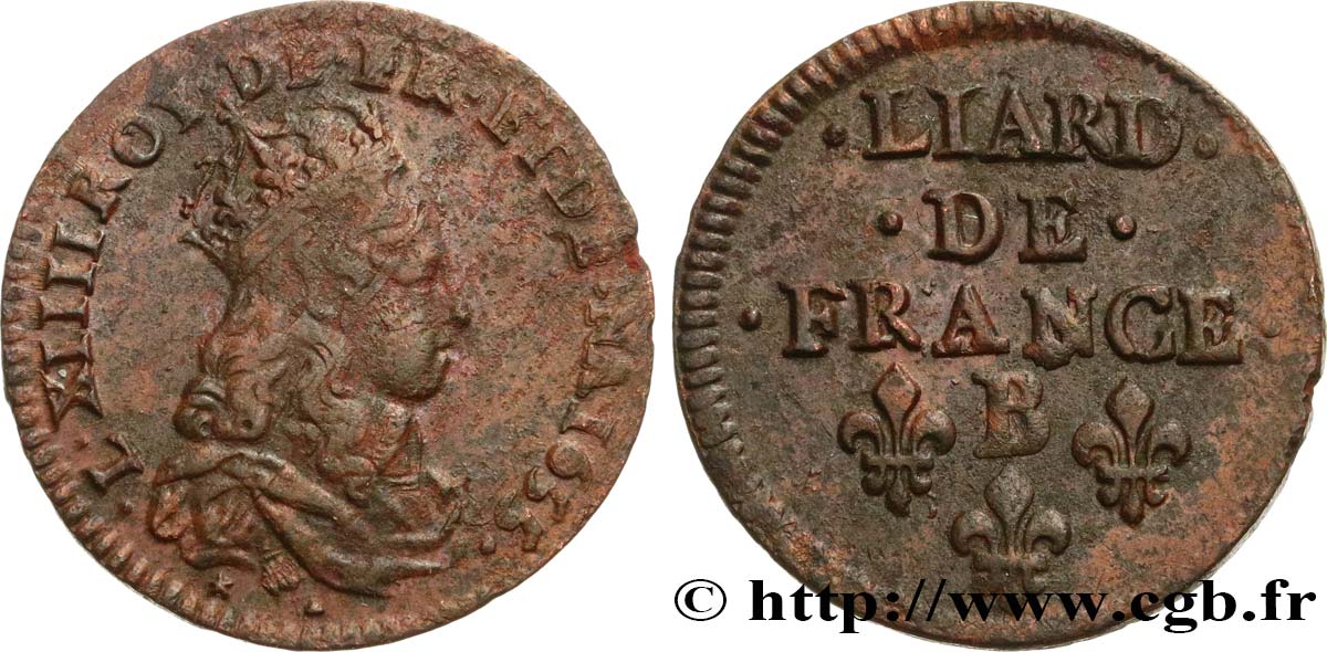 LOUIS XIV  THE SUN KING  Liard de cuivre, 2e type 1655 Pont-de-l’Arche XF/AU