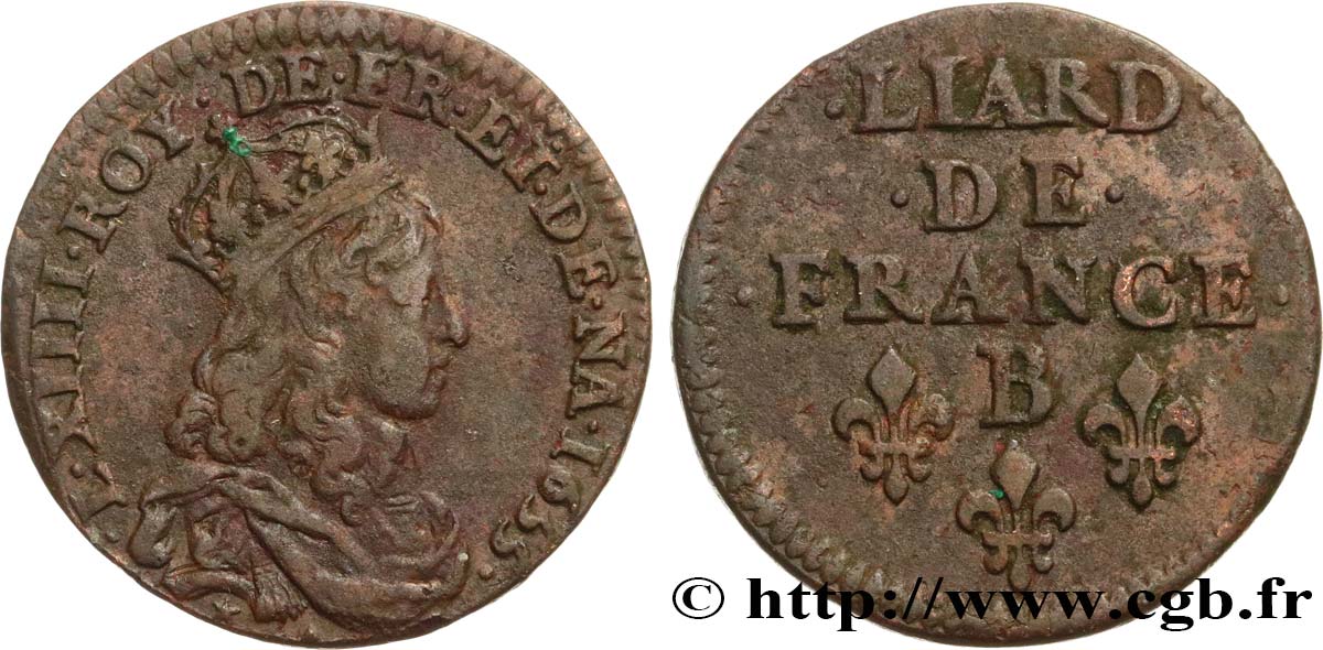 LOUIS XIV  THE SUN KING  Liard de cuivre, 2e type 1655 Pont-de-l’Arche SS/fVZ