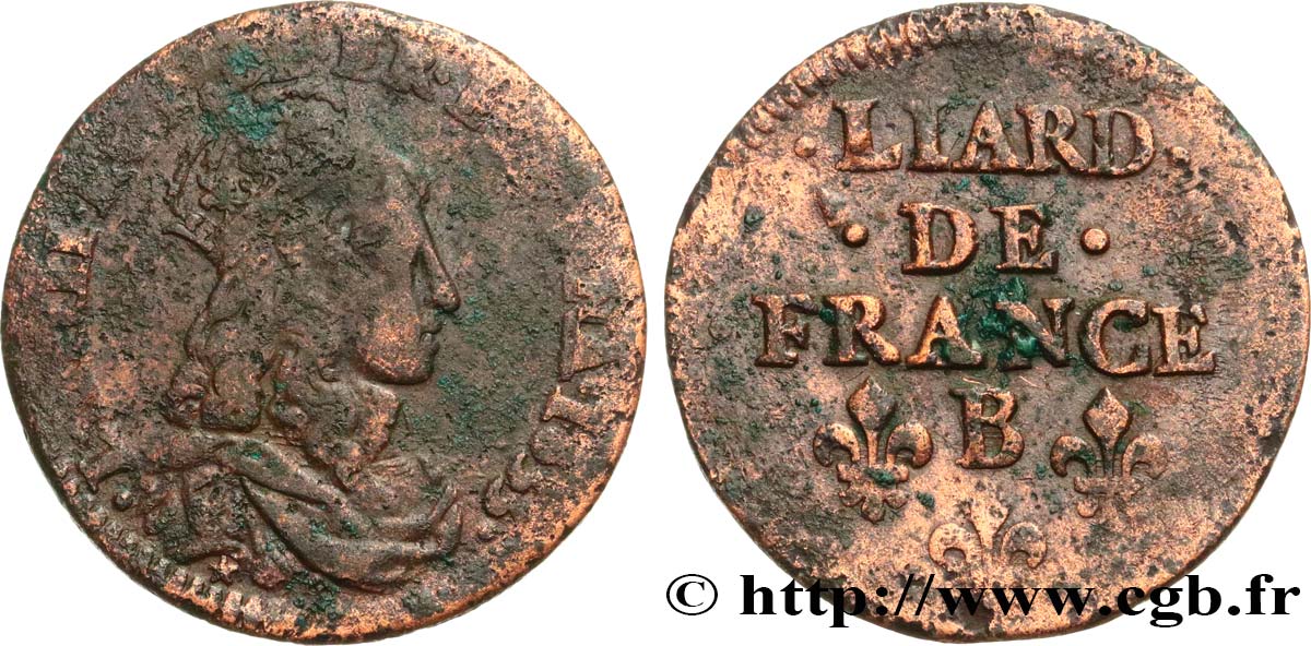 LOUIS XIV  THE SUN KING  Liard de cuivre, 2e type 1655 Pont-de-l’Arche fSS