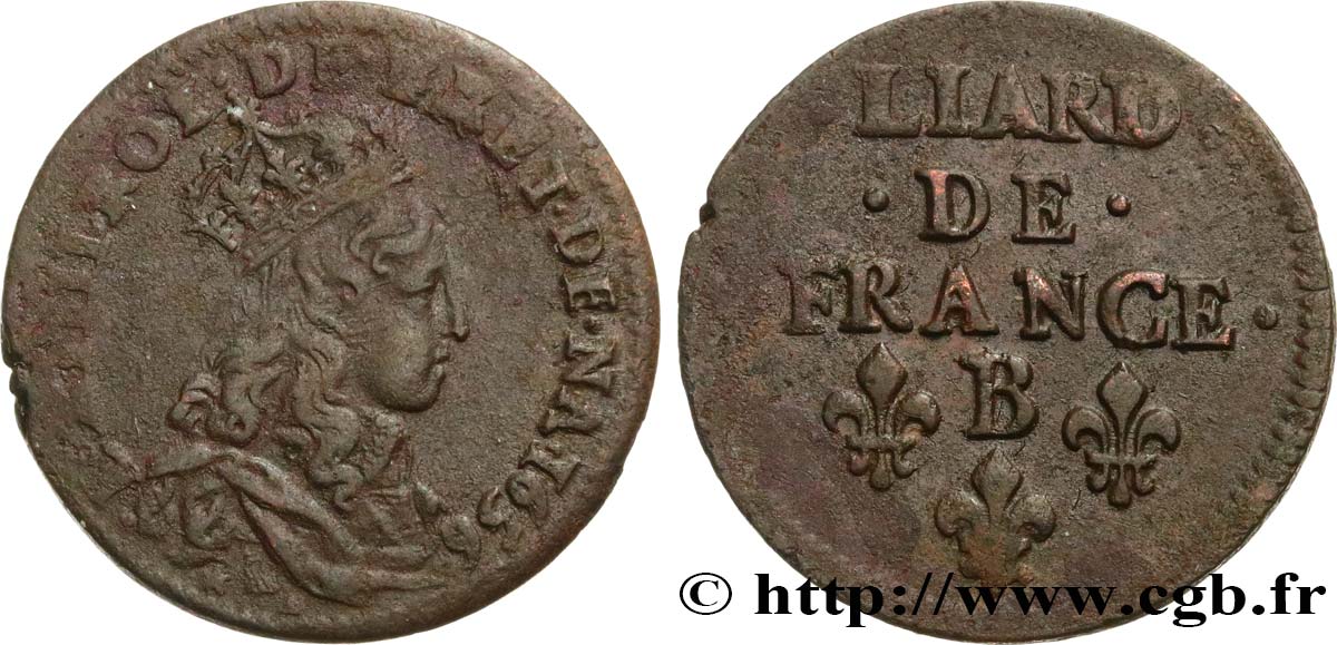 LOUIS XIV  THE SUN KING  Liard de cuivre, 2e type 1656 Pont-de-l’Arche fVZ