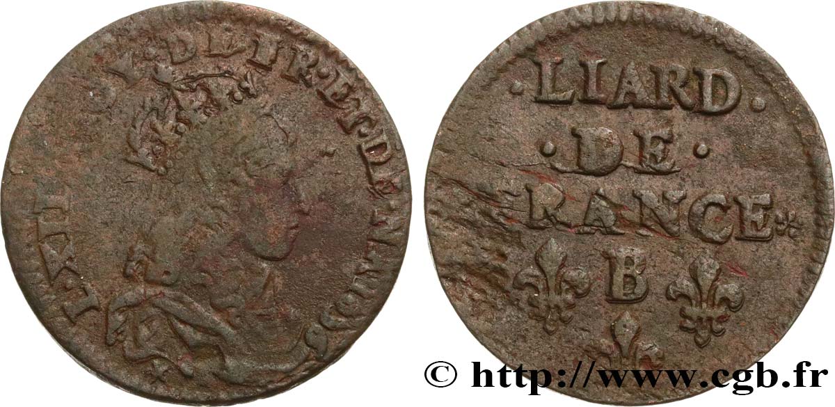 LOUIS XIV  THE SUN KING  Liard de cuivre, 2e type 1656 Pont-de-l’Arche BC/MBC