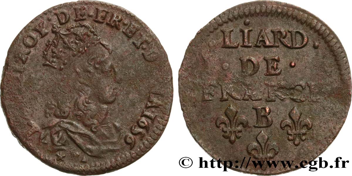LOUIS XIV  THE SUN KING  Liard de cuivre, 2e type 1656 Pont-de-l’Arche XF