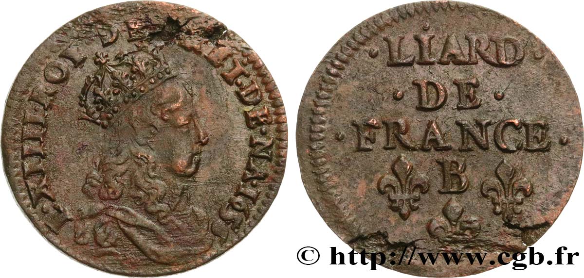 LOUIS XIV  THE SUN KING  Liard de cuivre, 2e type 1656 Pont-de-l’Arche MBC+/EBC