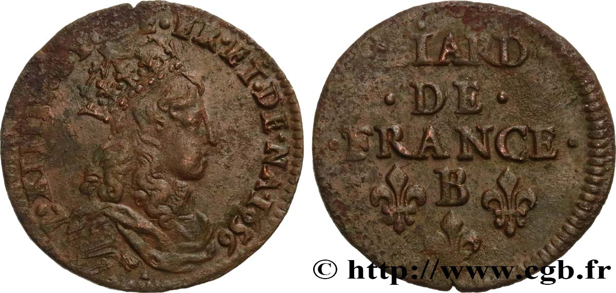 LOUIS XIV LE GRAND OU LE ROI SOLEIL Liard de cuivre, 2e type 1656 Pont-de-l’Arche TTB/TTB+