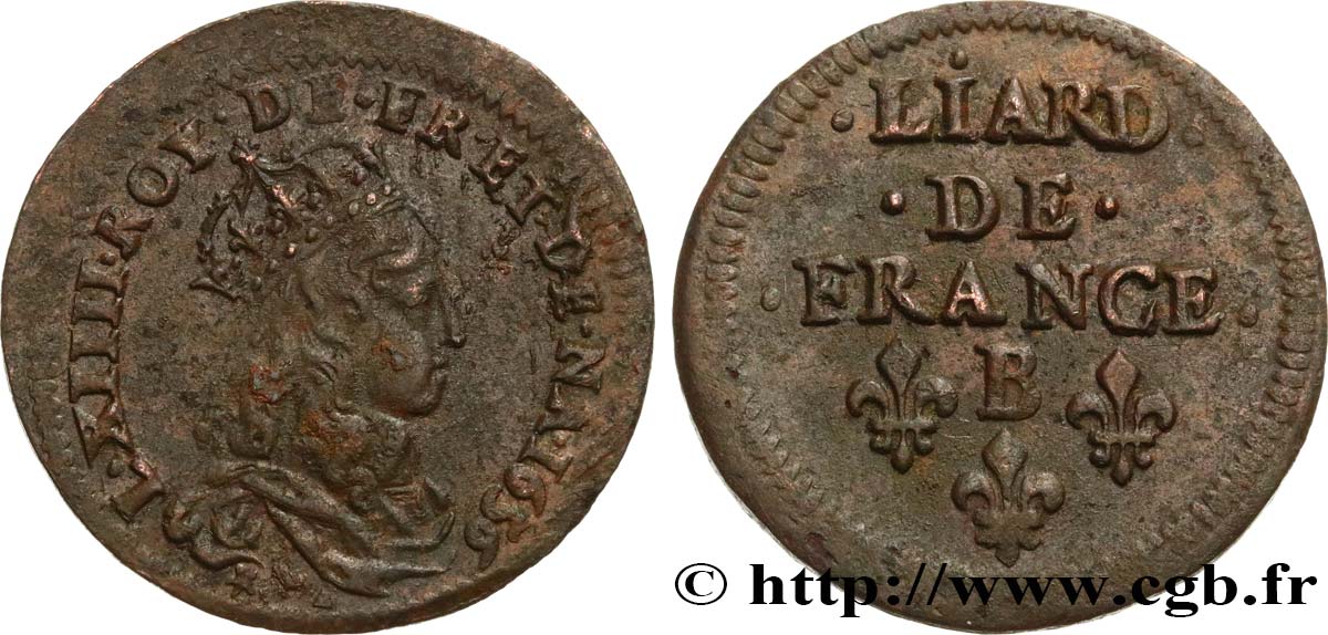 LOUIS XIV  THE SUN KING  Liard de cuivre, 2e type 1656 Pont-de-l’Arche q.SPL/SPL