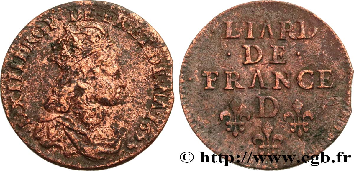LOUIS XIV LE GRAND OU LE ROI SOLEIL Liard de cuivre, 2e type 1655 Vimy-en-Lyonnais (actuellement Neuville-sur-Saône) B/TB+
