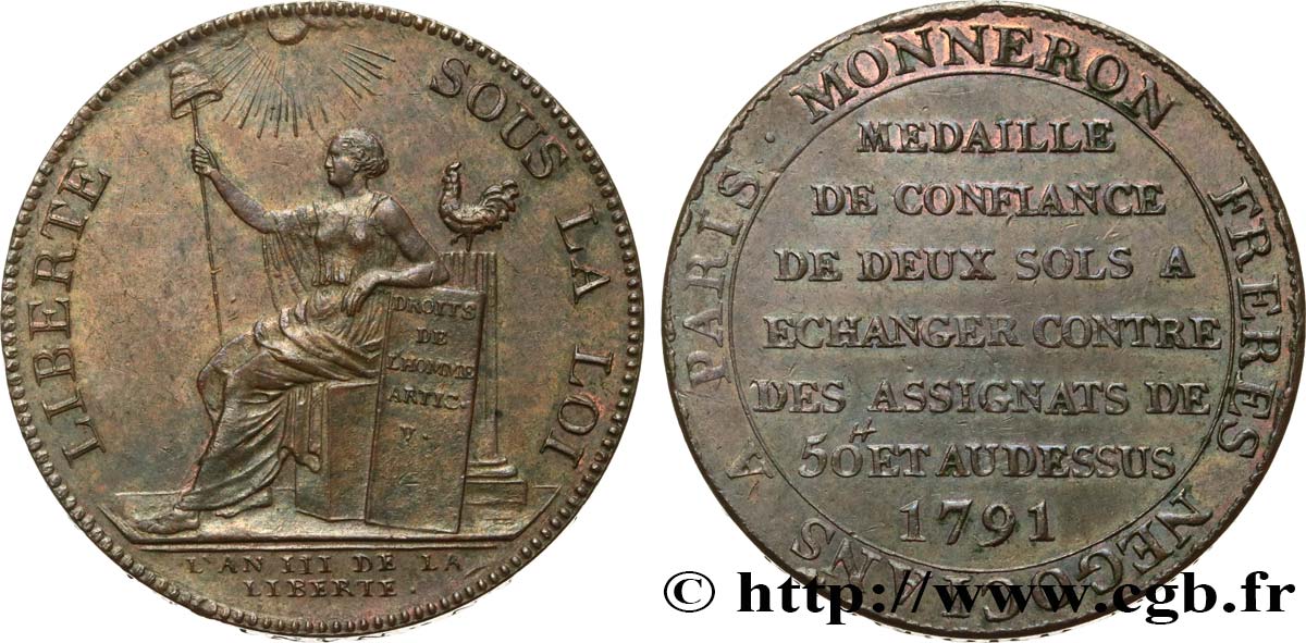 REVOLUTION COINAGE / CONFIANCE (MONNAIES DE…) Monneron de 2 sols à la Liberté 1791 Birmingham, Soho XF/AU