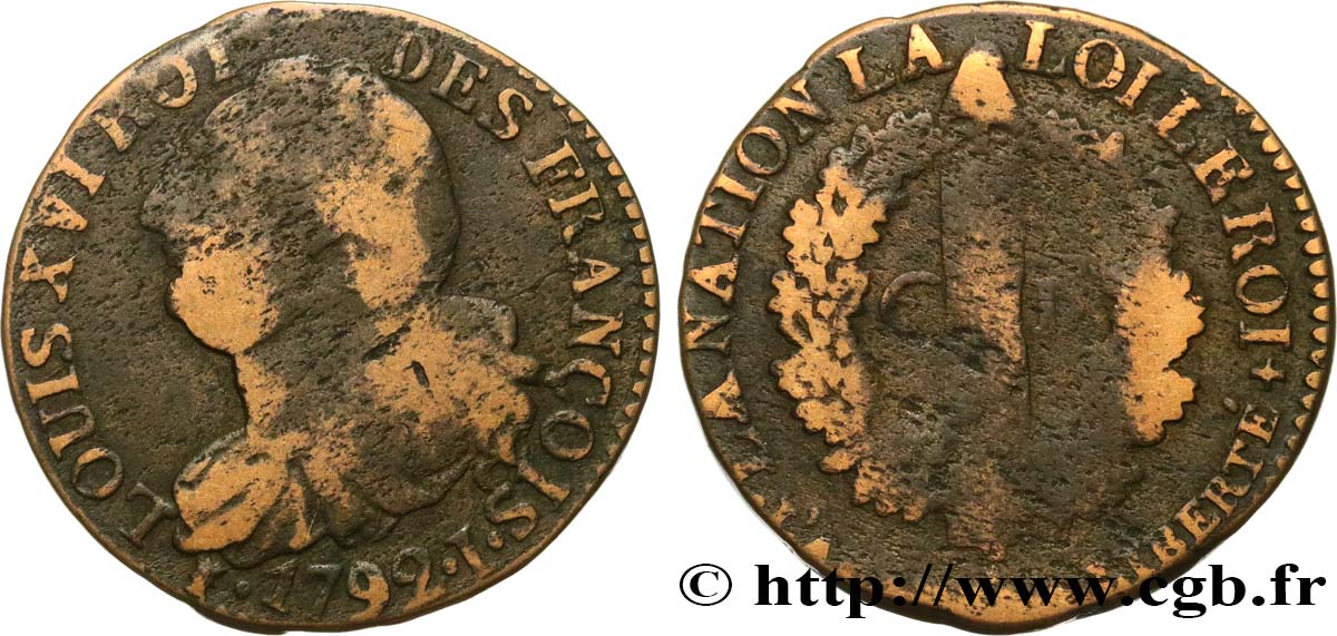 LOUIS XVI 6 deniers dit  au faisceau , type FRANÇOIS 1792 Limoges MB