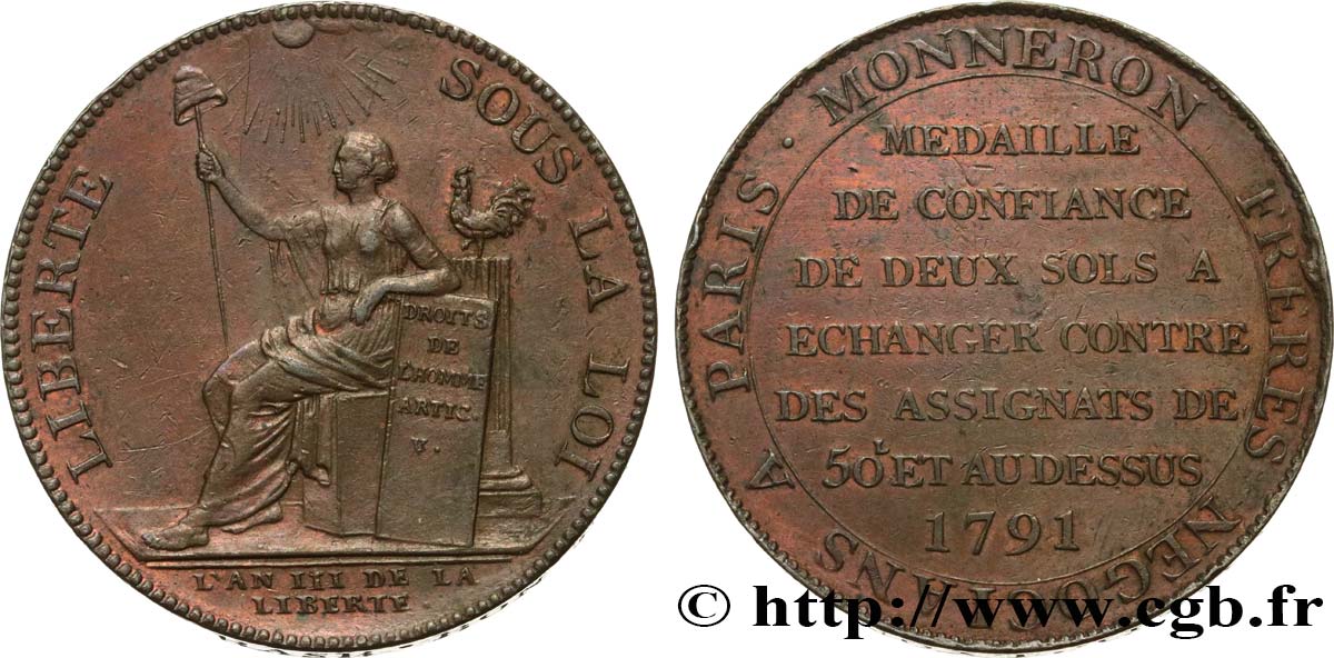 CONFIANCE (MONNAIES DE...) Monneron de 2 sols à la Liberté 1791 Birmingham, Soho TTB