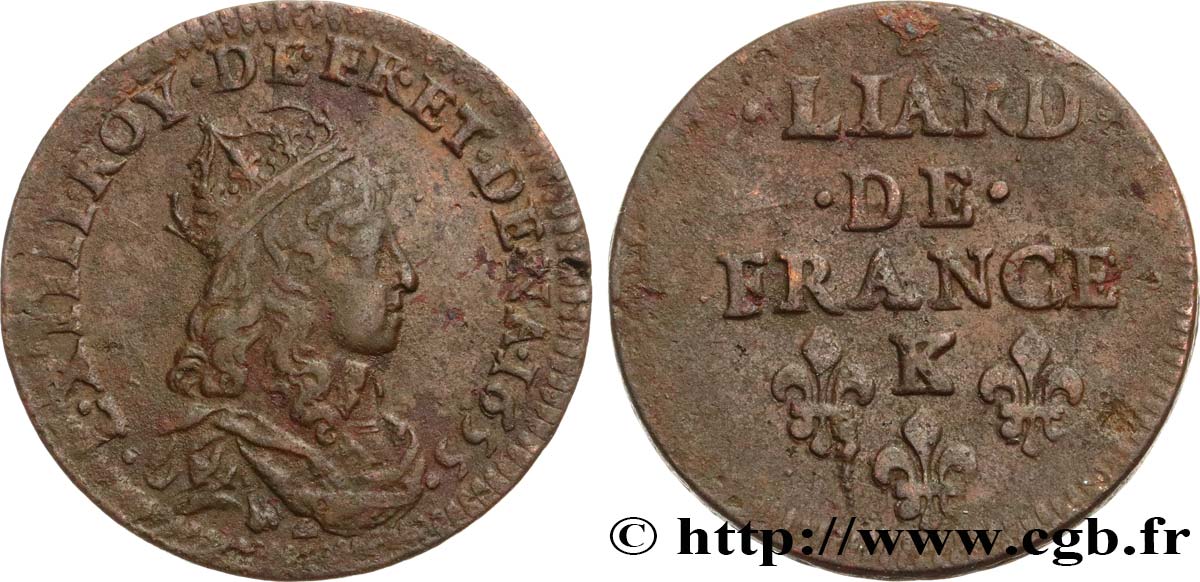 LOUIS XIV  THE SUN KING  Liard de cuivre 1655 Bordeaux AU