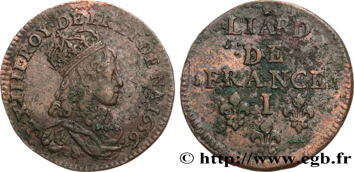 LOUIS XIV LE GRAND OU LE ROI SOLEIL Liard de cuivre, 2e type 1656 Limoges TTB