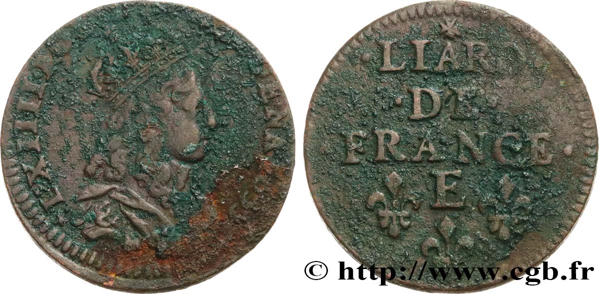 LOUIS XIV LE GRAND OU LE ROI SOLEIL Liard de cuivre, 2e type 1655 Meung-sur-Loire TB+