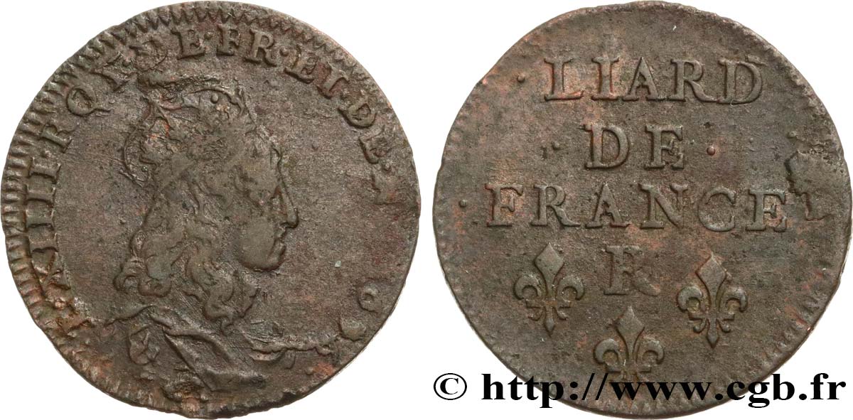 LOUIS XIV LE GRAND OU LE ROI SOLEIL Liard de cuivre, 2e type 1655 Nîmes TB+/TTB