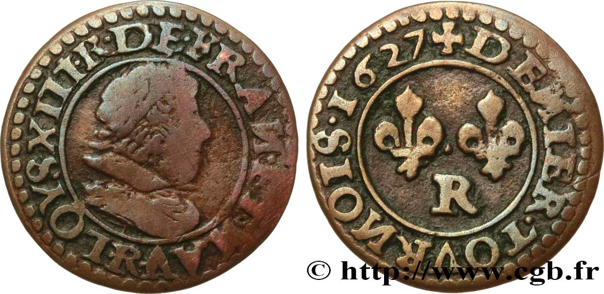 LOUIS XIII  Denier tournois, grosse tête juvénile au col plat de Villeneuve 1627 Saint-André de Villeneuve-lès-Avignon fSS/SS