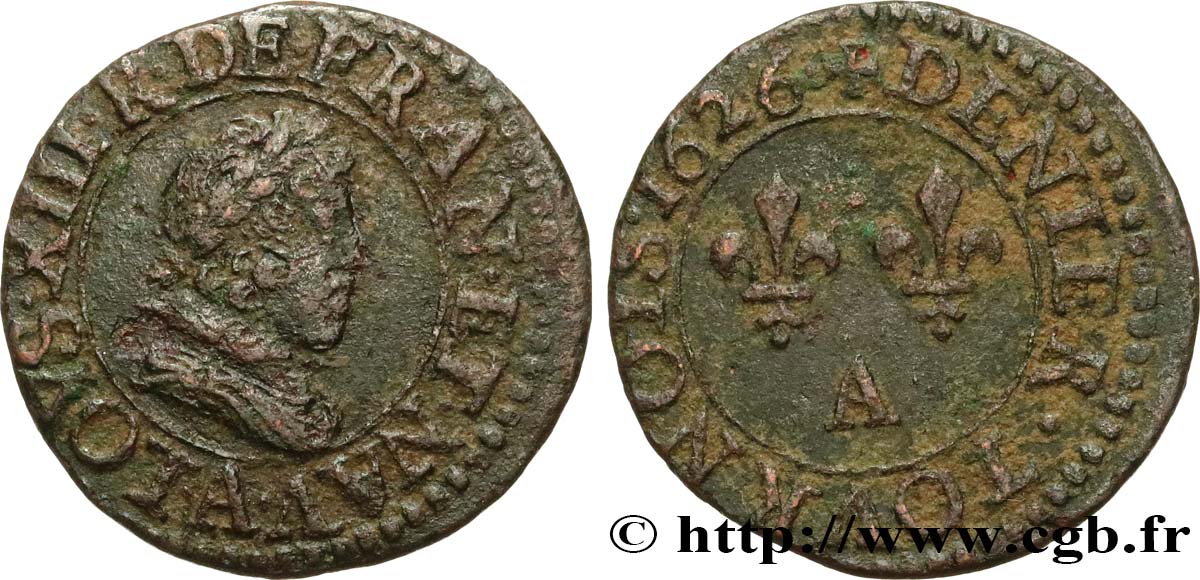 LOUIS XIII LE JUSTE Denier tournois, type 3 de Paris 1626 Paris TB+