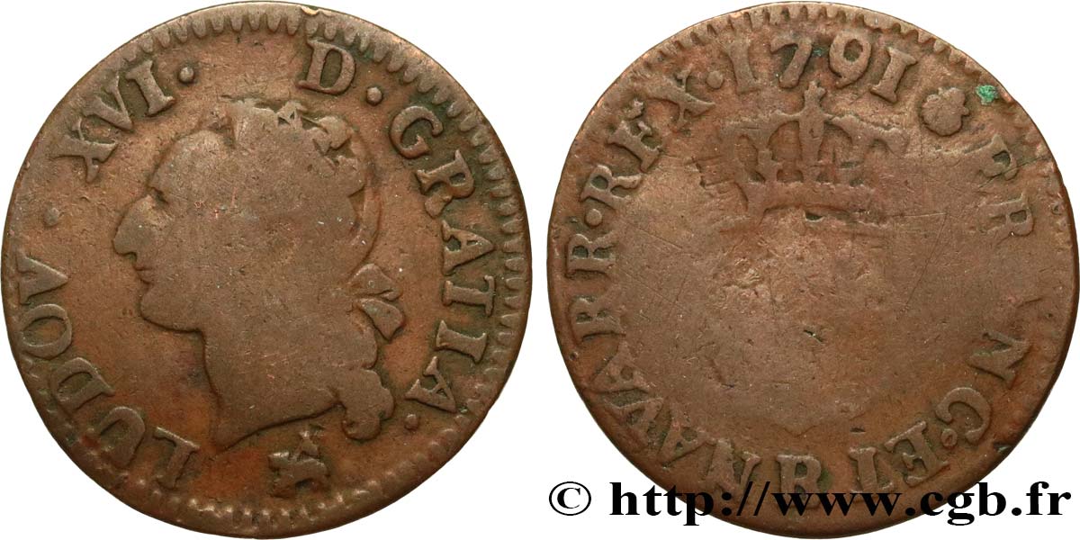 LOUIS XVI Liard dit  à l écu  1791 Rouen TB/B+