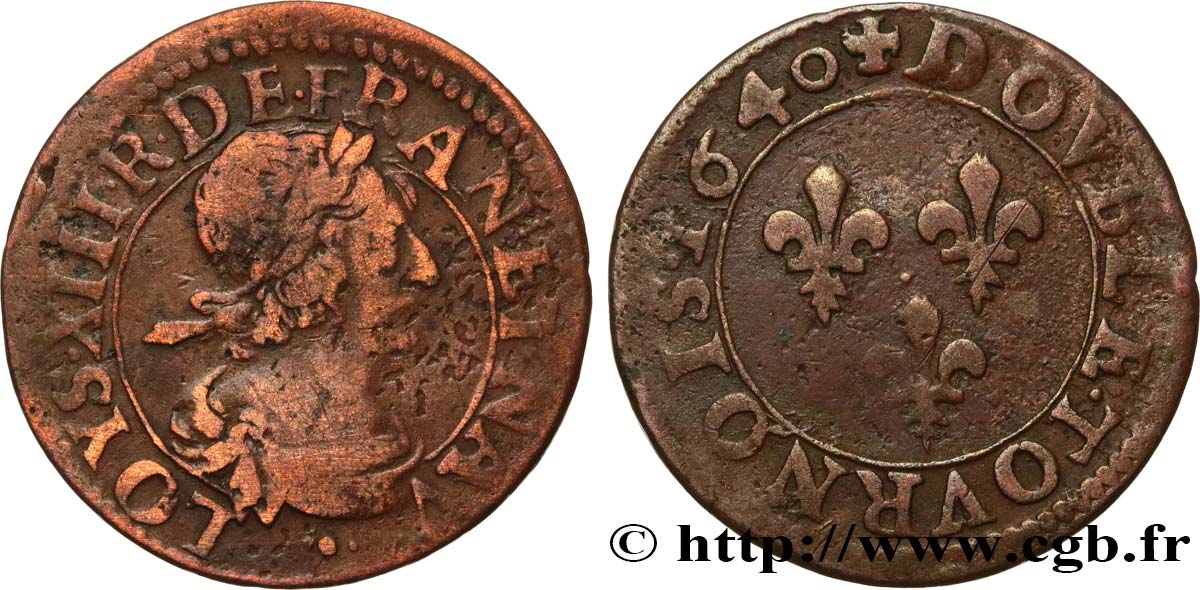 LOUIS XIII  Double tournois au grand buste viril drapé 1640 Rouen q.BB
