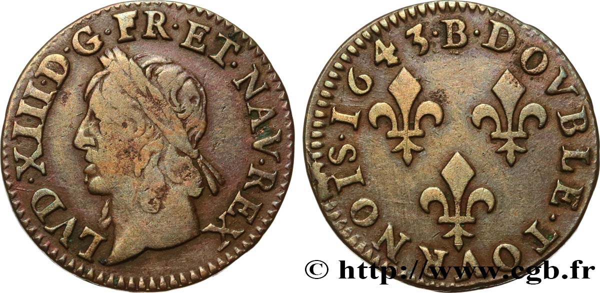 LOUIS XIII LE JUSTE Double tournois, type de Warin 1643 Rouen TB+/TTB