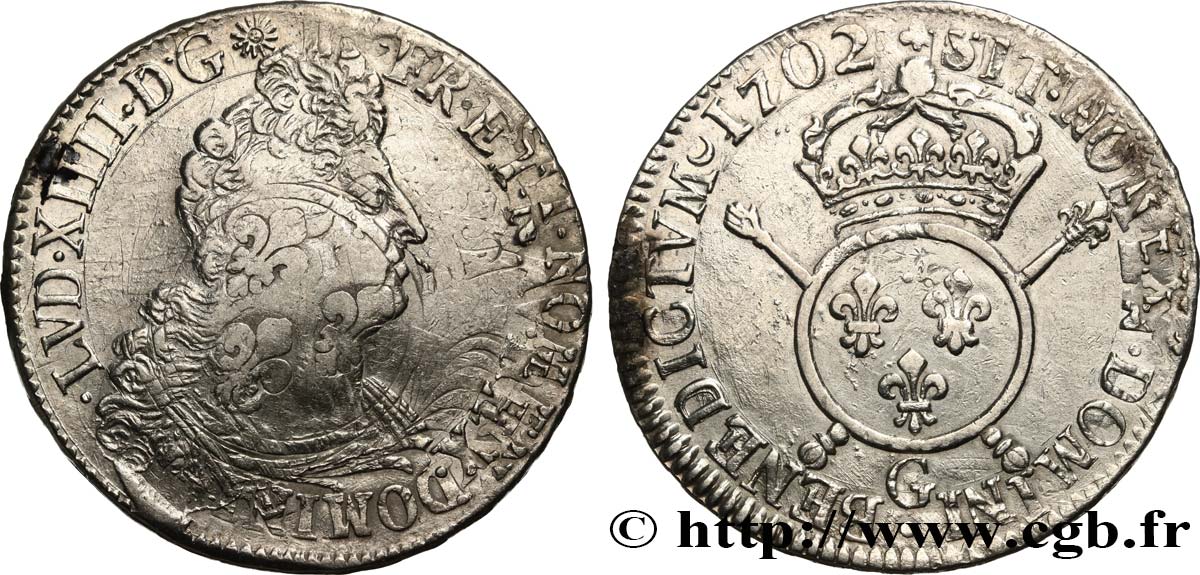LOUIS XIV  THE SUN KING  Écu aux insignes 1702 Poitiers MB/q.BB