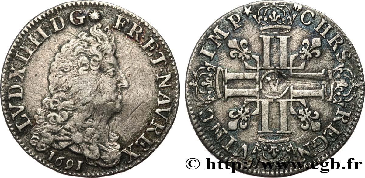 LOUIS XIV  THE SUN KING  Quart d écu aux huit L, 1er type 1691 Bourges BB