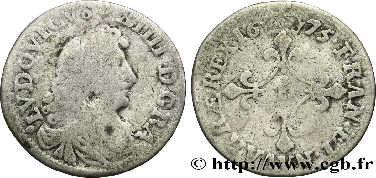LOUIS XIV LE GRAND OU LE ROI SOLEIL Quatre sols à la croix formée de lis 1675 Vimy-en-Lyonnais (actuellement Neuville-sur-Saône) TB
