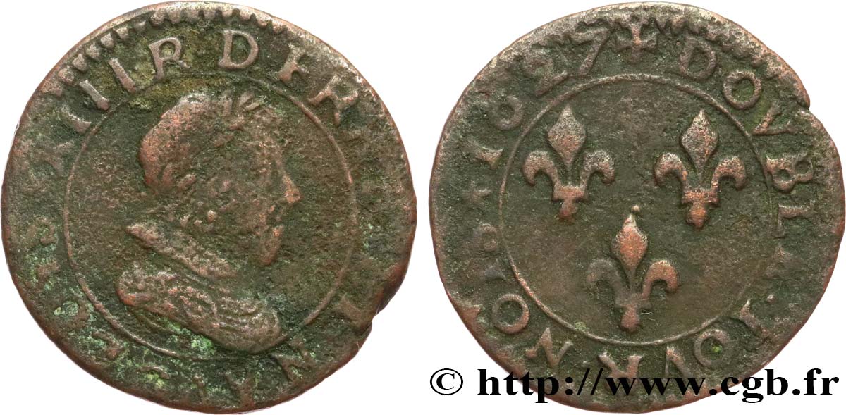 LOUIS XIII  Double tournois, type 3 1627 Poitiers BC