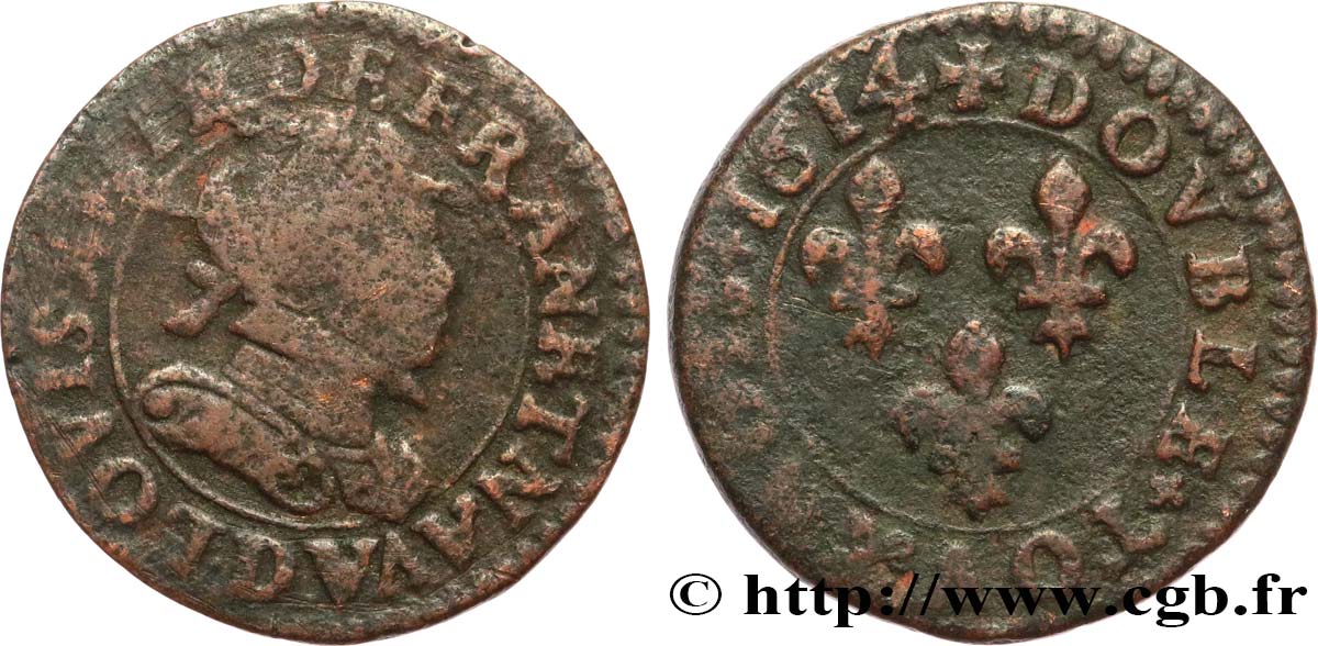 LOUIS XIII LE JUSTE Double tournois, type 3 1614 Lyon TB+