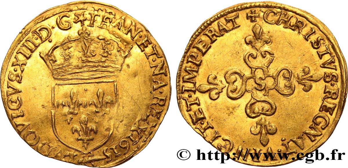 LOUIS XIII  Écu d or au soleil, à la croix anillée fleurdelisée 1615 Troyes fVZ/VZ