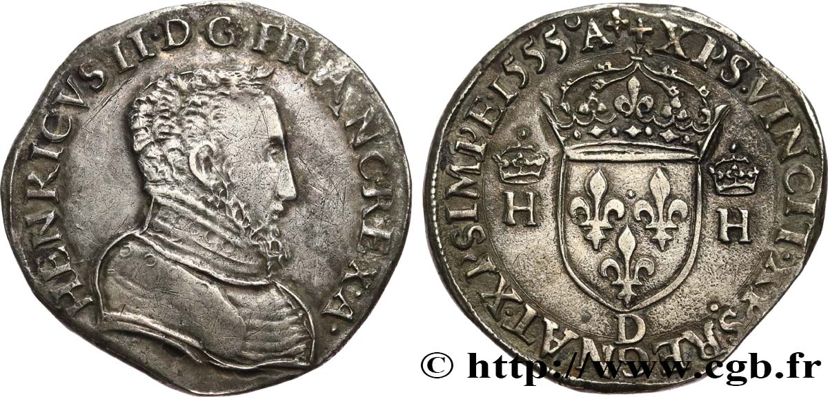 HENRY II Teston à la tête nue, 1er type 1555 Lyon BB/q.SPL