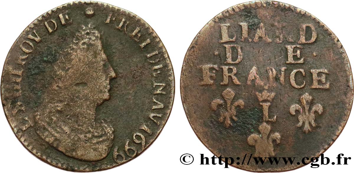 LOUIS XIV LE GRAND OU LE ROI SOLEIL Liard, 3e type, buste âgé 1699 Lille TB/TB+