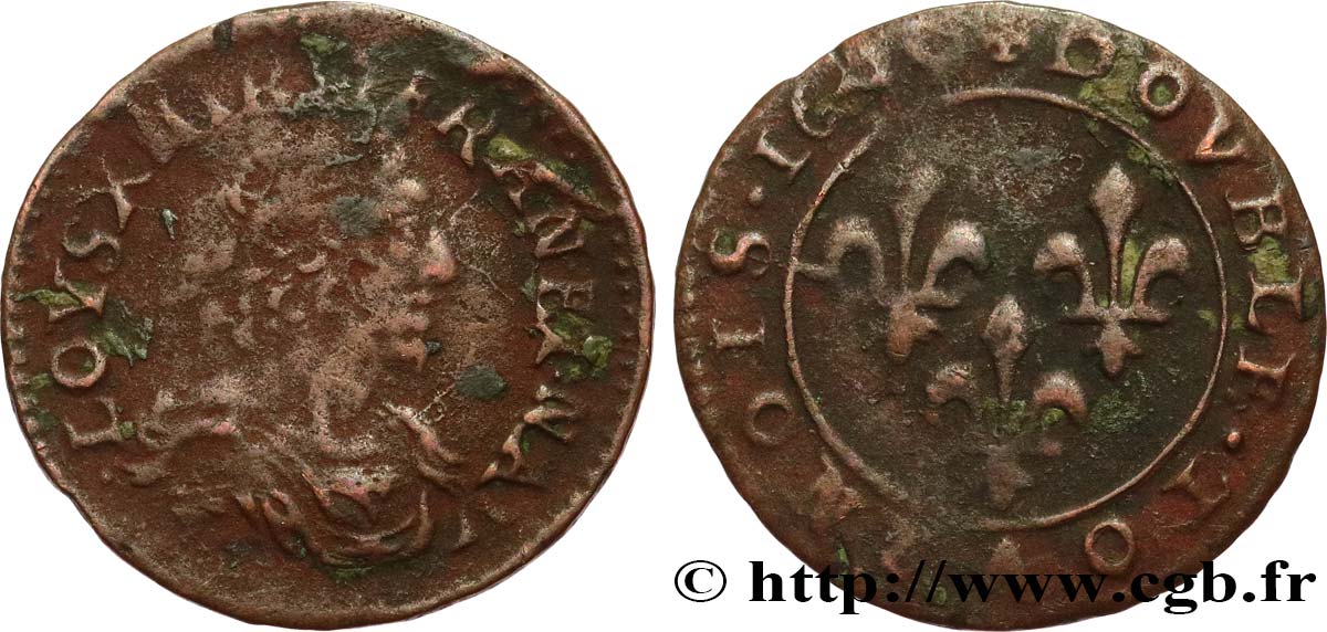 LOUIS XIII LE JUSTE Double tournois au grand buste viril drapé 1640 Ateliers de l’axe Loire-Rhône TB