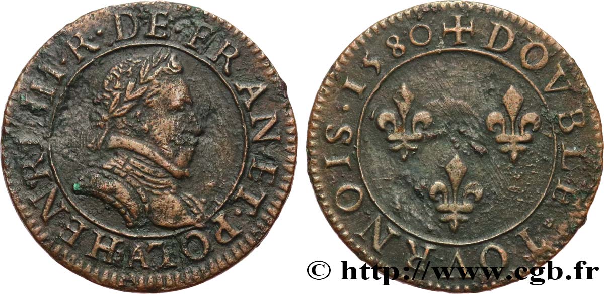 HENRI III Double tournois, 1er type de Paris 1580 Paris, Moulin des Étuves TTB