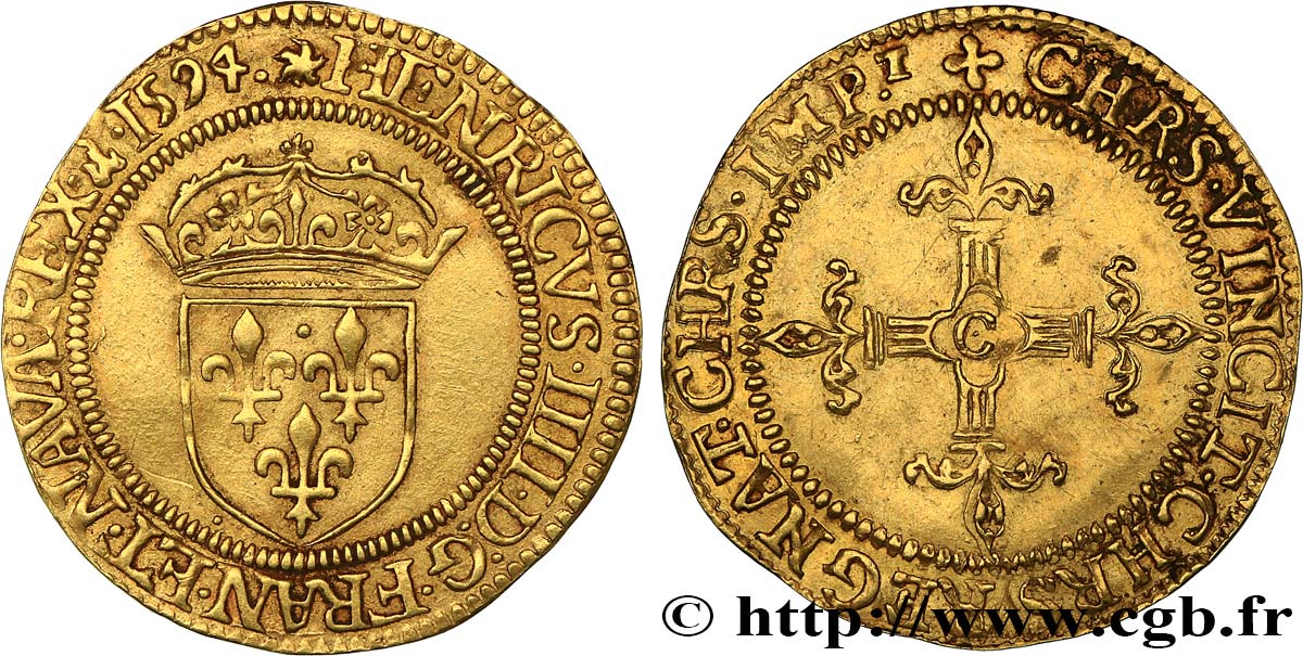 HENRY IV Écu d or au soleil, 4e type 1594 Saint-Lô VZ