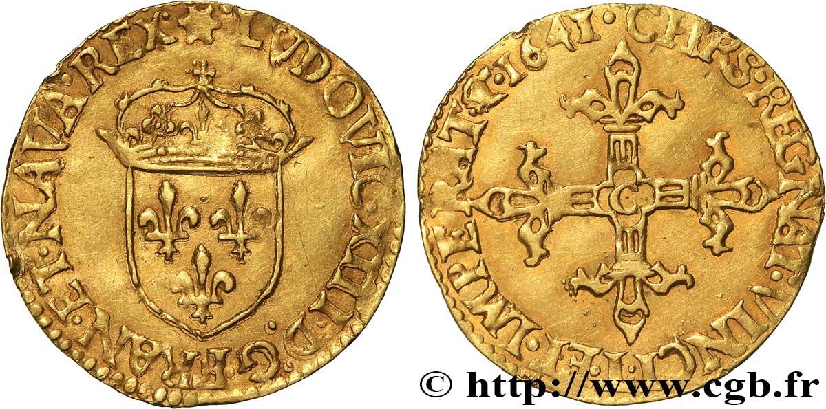 LOUIS XIII LE JUSTE Écu d or au soleil, à la croix bâtonnée et fleuronnée 1641 Saint-Lô TTB+